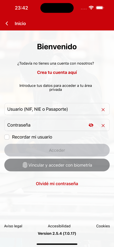 Écran de connexion de l'application FREMAP Contigo avec champs pour l'identification de l'utilisateur et le mot de passe
