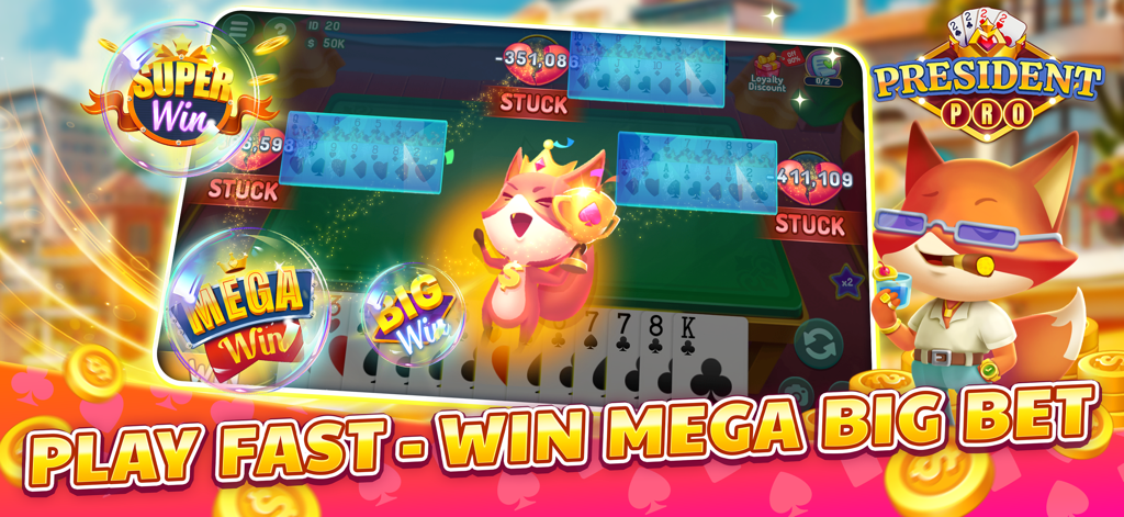 President Pro ZingPlay - Pantalla del juego móvil President Pro ZingPlay con pancartas de mega victoria y un personaje de zorro.