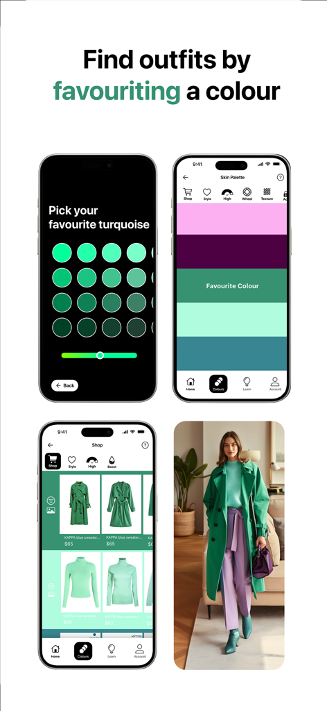 Colour Varia - Colour Varia app screens showing color selection a personal skin palette and shopping for matching clothes