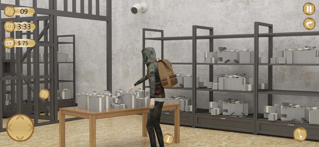 Character in a hoodie stealing stacks of cash in a bank robbery simulator
