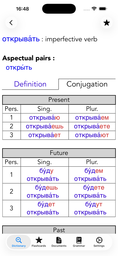 Verbole Russian - Verbole Russian app screen displaying detailed conjugation tables for the verb otkryvat with stress accents