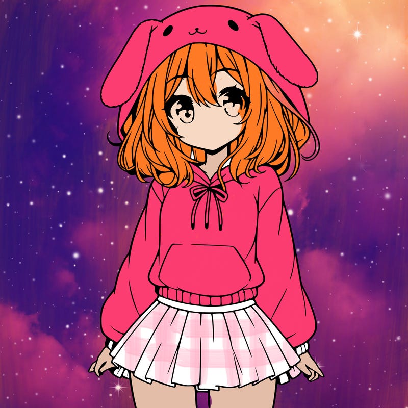 pretty anime girl wearing a fluffy hoodie with bunny ears on the hood and a skirt