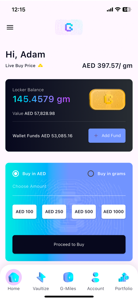 Pantalla de inicio de la aplicación My Gold Wallet con el saldo de la caja fuerte de oro y opciones de compra