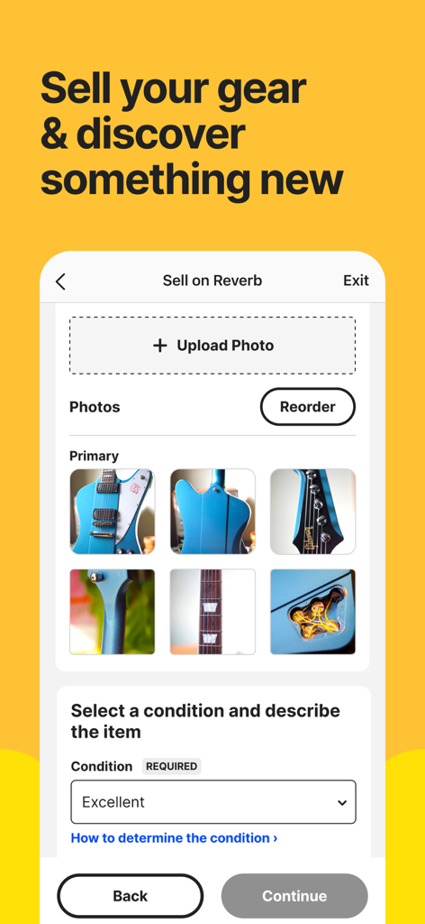 Interface of the Reverb app for selling music gear with photo uploads of a blue guitar and condition selection.
