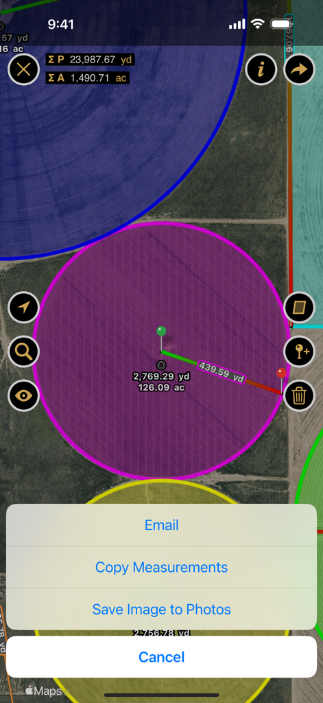 Visão de mapa de satélite de medições de área circular em acres e jardas com um menu de exportação no aplicativo Planimeter.