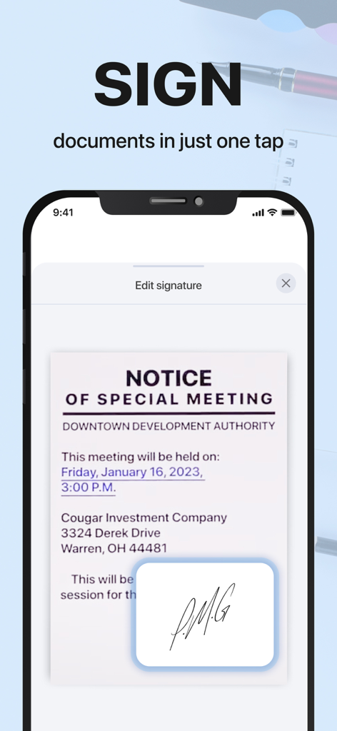iPhone showing the xScan app interface for signing documents with a digital signature.