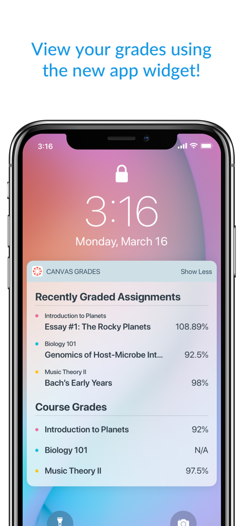 Canvas by Instructure - Canvas app widget on an iPhone lock screen showing academic grades and assignments