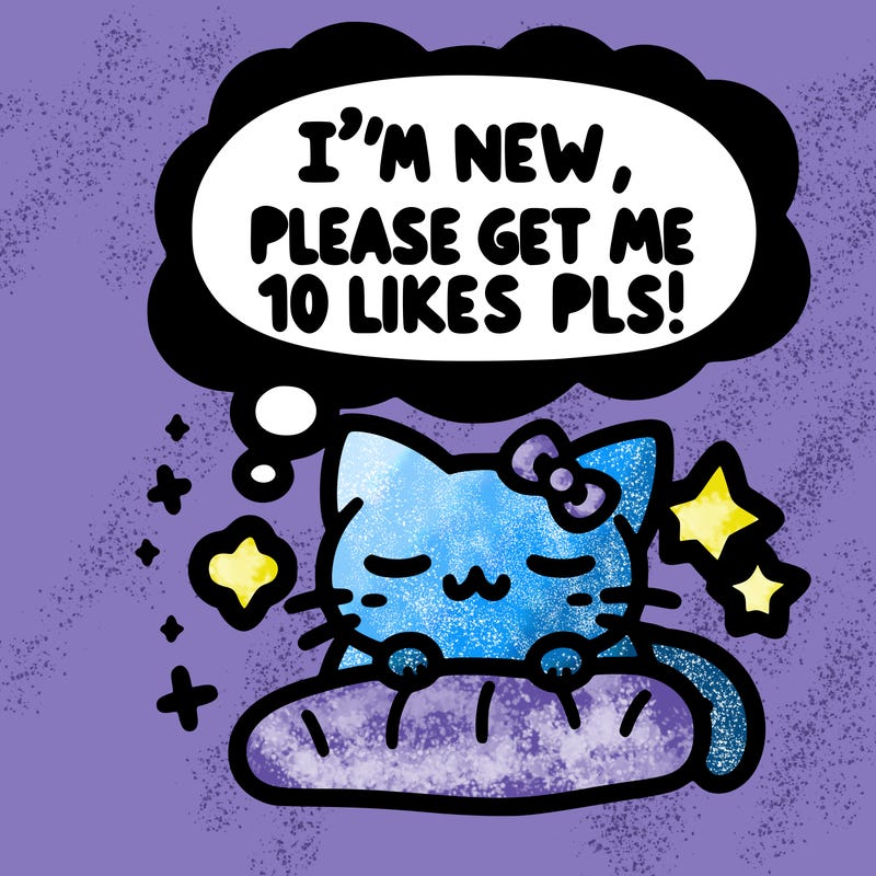 kitty taking a nap dream talking and saying "i'm new, please get me at least 10 likes pls!!"