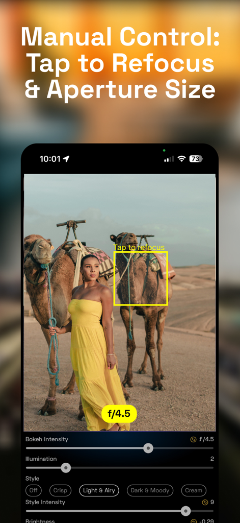 NeuralCam Aperture - NeuralCam Aperture app interface showing manual focus and aperture size controls for a portrait photo.