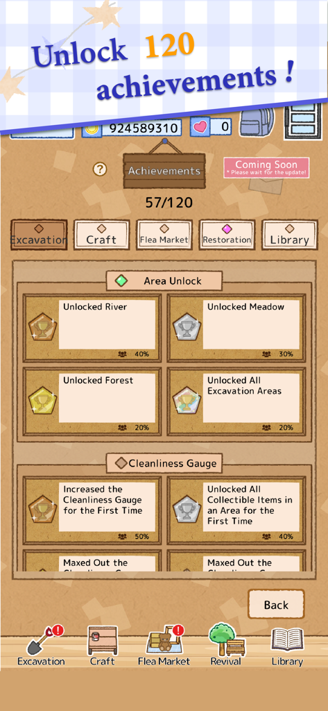 Treasure Flea Market: Cozy Sim - Treasure Flea Market の実績画面。エリアのアンロックと街の復興目標の進捗状況が表示されています。