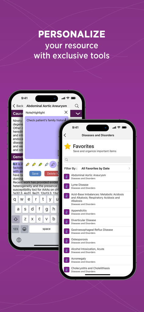 Diseases & Disorders - メモのハイライトやお気に入りの疾患リストなどのパーソナライズツールを表示している「疾患と障害」アプリのインターフェース