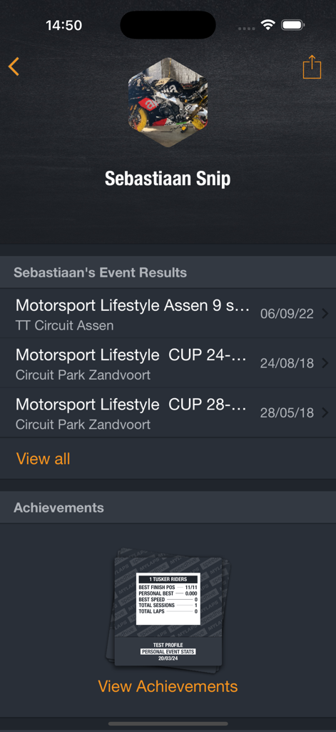 MYLAPS Speedhive - MYLAPS Speedhive app user profile screen showing racing event results and achievements