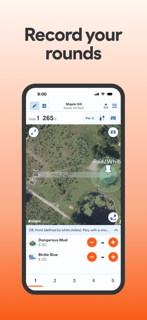 Smartphone display of UDisc disc golf app showing a hole map and player scorecard