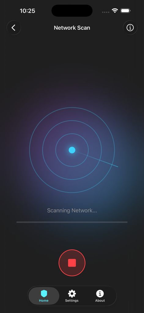 Stop Stalker - Stop Stalker app interface showing a network scan in progress with a radar animation and a stop button.