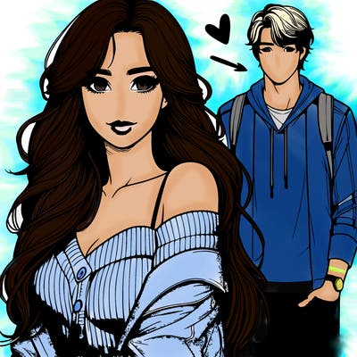 realistic girl with a cute outfit and long hair and a realistic boy crushing on her in the background