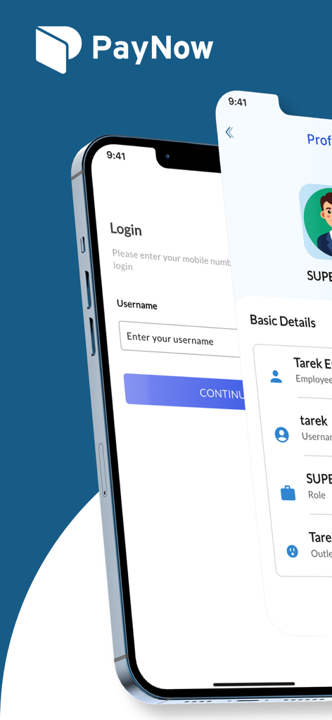 Écrans de connexion et de profil d'employé de l'application de paiement mobile Soft POS By fawri