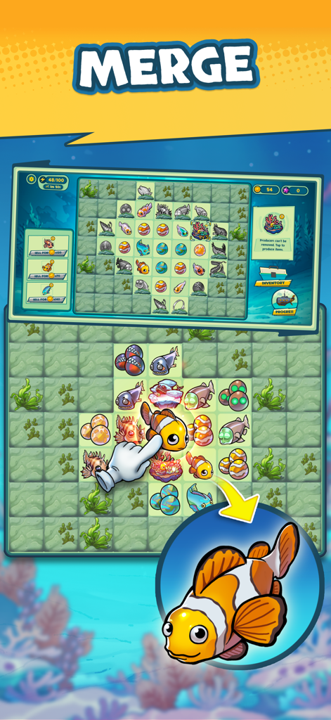 Submarine Quest: Merge&Explore - A mobile game screenshot of Submarine Quest showing a hand merging clownfish on an underwater grid.