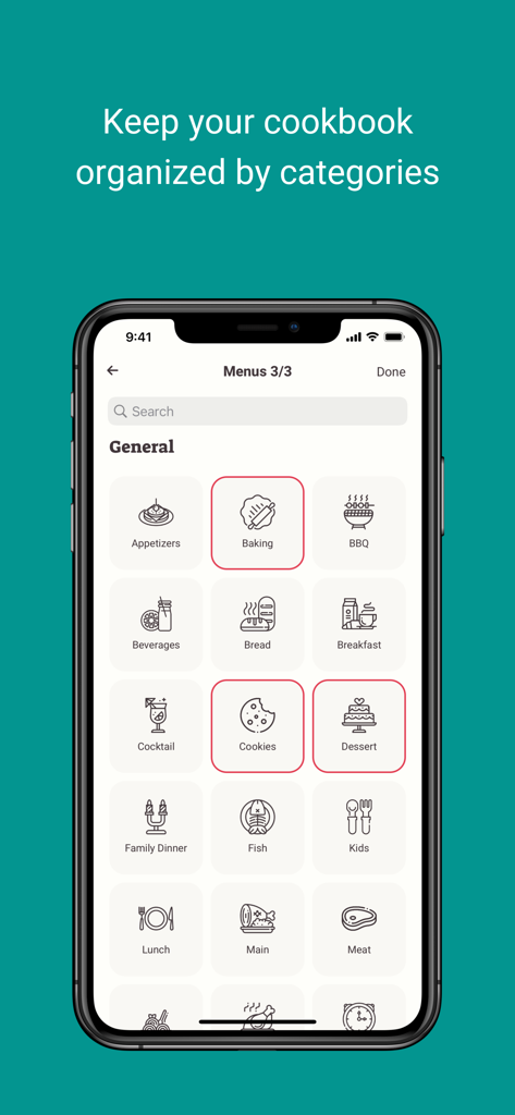 Potluck - Your Recipe Cookbook - Mobile interface of Potluck app showing a grid of food categories like baking cookies and dessert for organizing a digital cookbook