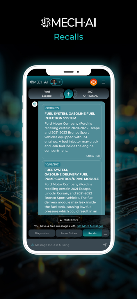 MECH.AI: Diagnostic & Repair - Screenshot of the MECH.AI app showing a list of safety recalls for a Ford Escape vehicle.