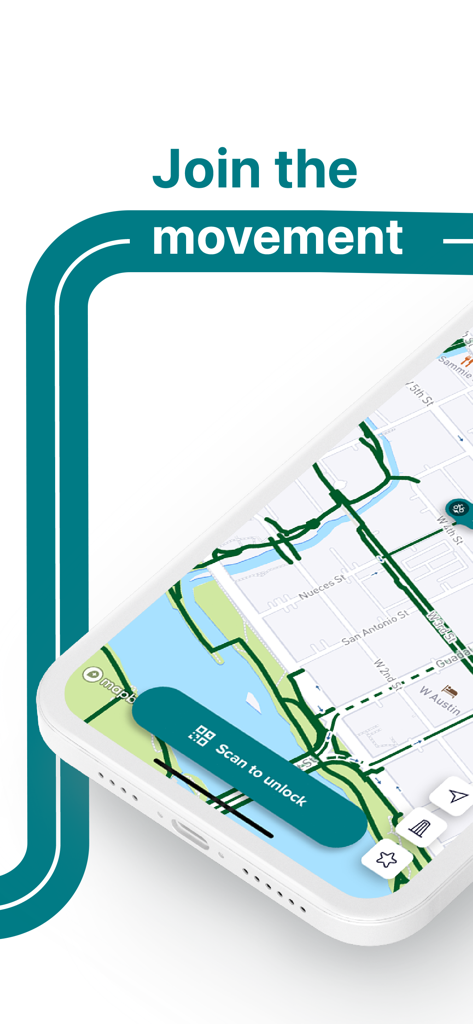 CapMetro Bikeshare - CapMetro Bikeshare app screen featuring an interactive map and a scan to unlock button