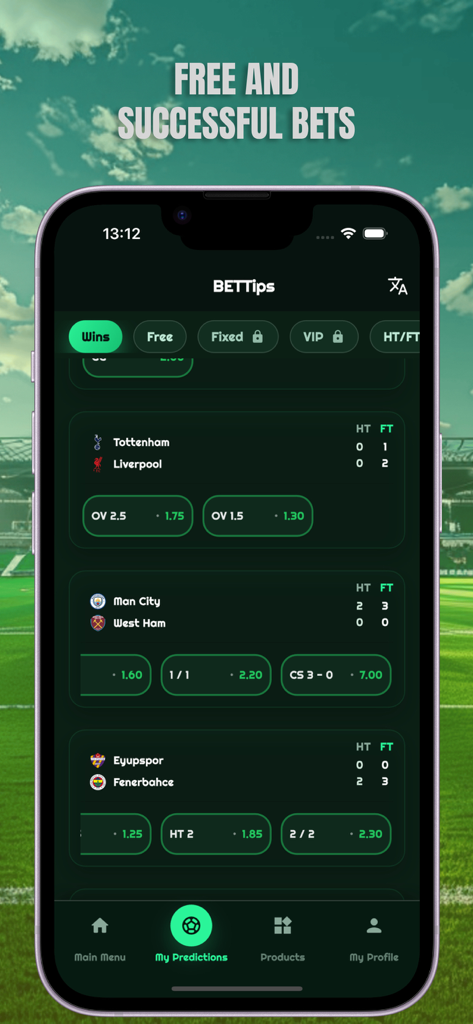 The BETTIPS app interface showing a list of successful football match predictions and betting odds.