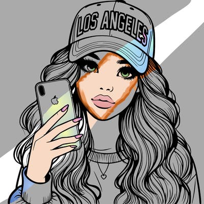 realistic beautiful girl wearing los ángeles cap holding an iphone