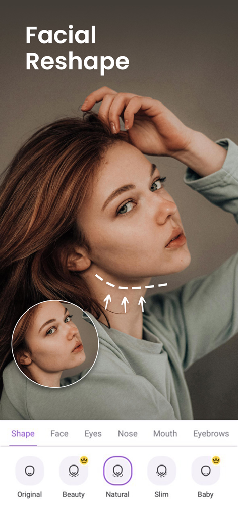 Vivid Glam Video/Photo Retouch - 女性がVivid Glamアプリの顔の形補正ツールを使用して顎のラインを調整している様子