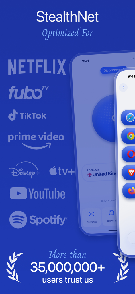 StealthNet VPN app screenshot showing optimization for popular streaming platforms and high user trust metrics