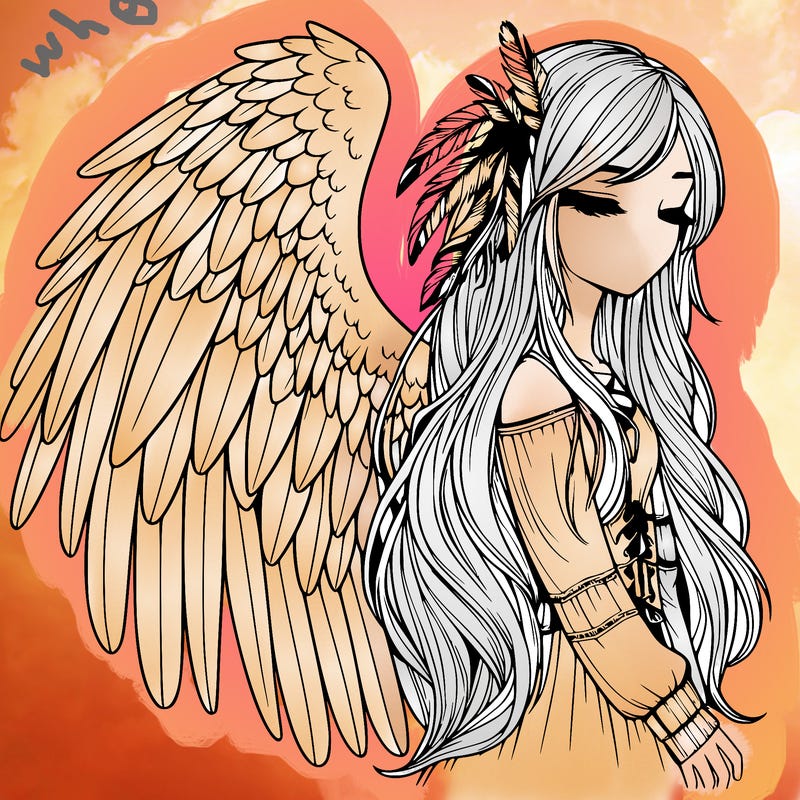 realistic girl with bird wings and some feathers in her hair