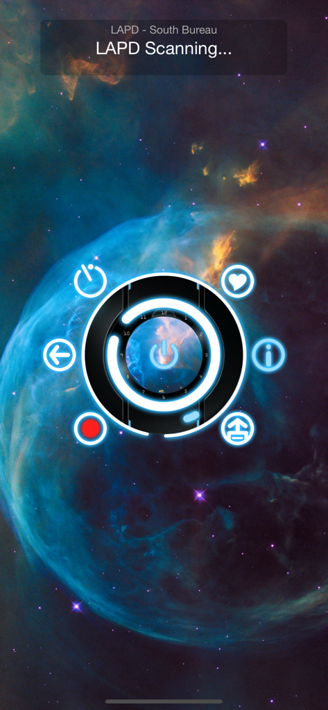 Police Scanner Plus mobile app interface showing active LAPD radio scanning on a space themed background