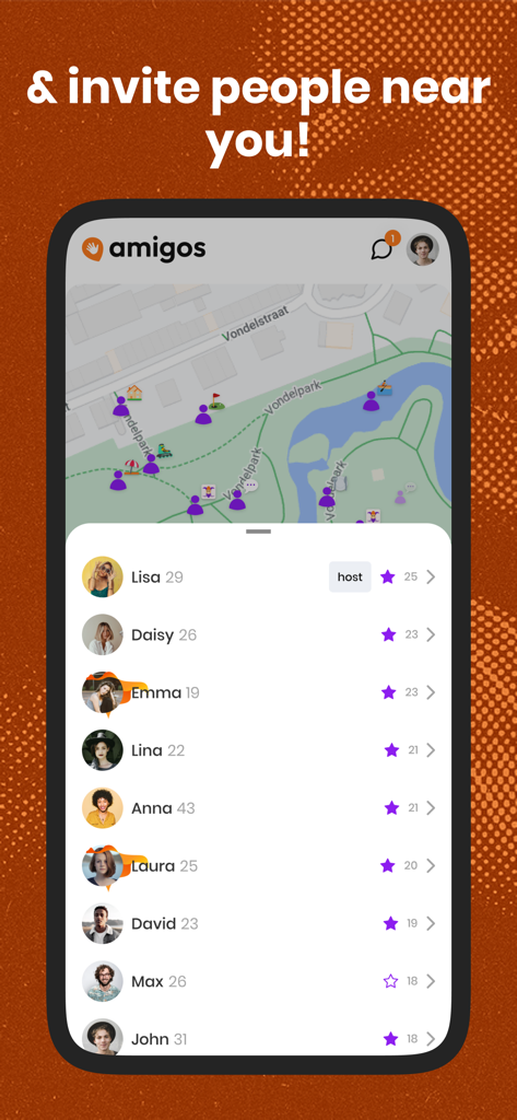 Amigos - Meet fun people - ピンが表示された地図と、近くの招待する人々のリストが表示されたAmigosアプリの画面。