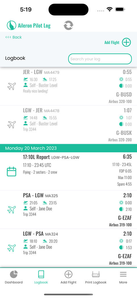 Registro de vuelo digital que muestra vuelos recientes y detalles de la aeronave en la aplicación Aileron Pilot Log.