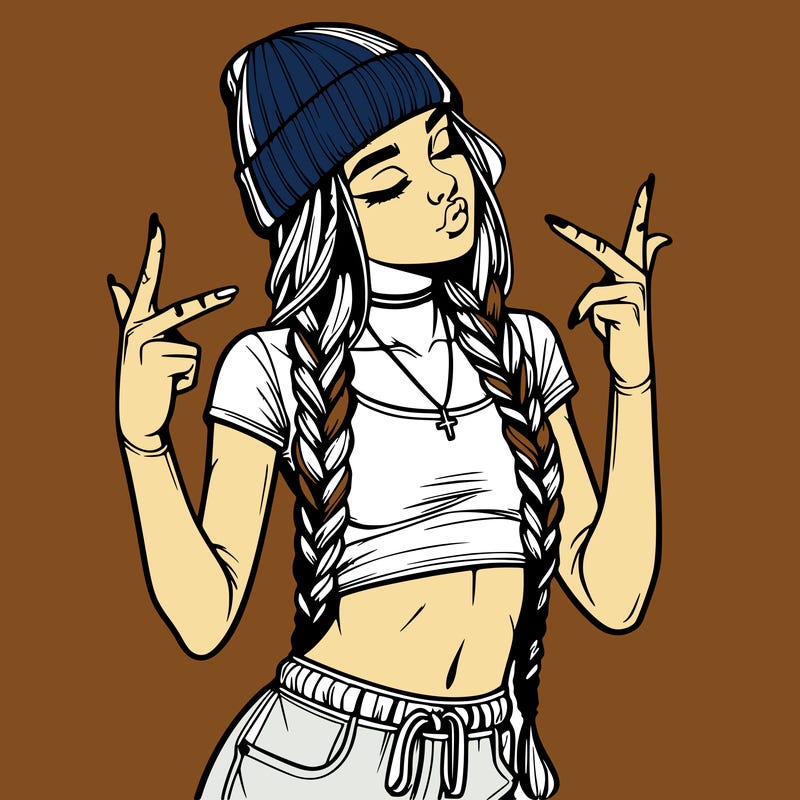 realistic teenage girl with braids and a beanie and crop top doing 🫶🏼