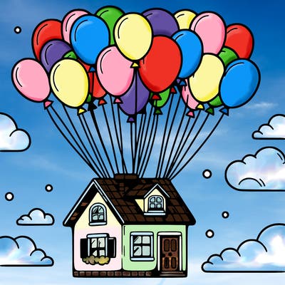 house floating from lots of balloons