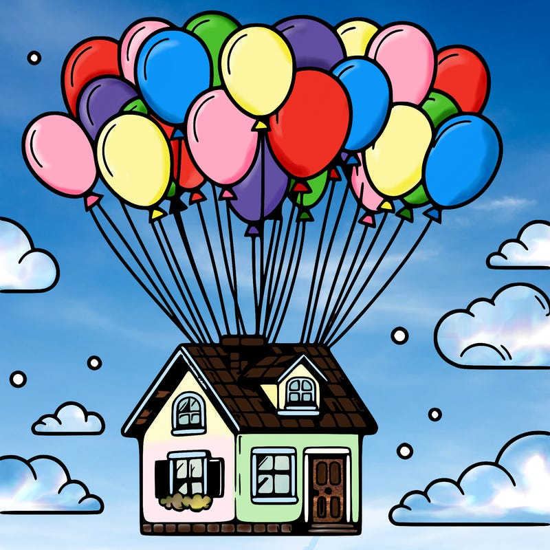 house floating from lots of balloons