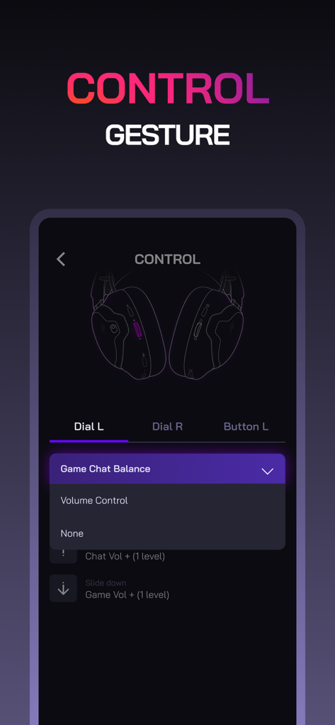 JBL Quantum - JBL Quantum app interface showing headset button and dial customization settings