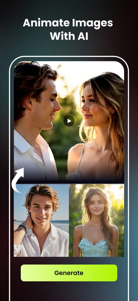 LumixAI: Turn Pic to Hot Video - A mobile app interface demonstrating how to animate photos into a video using AI technology.
