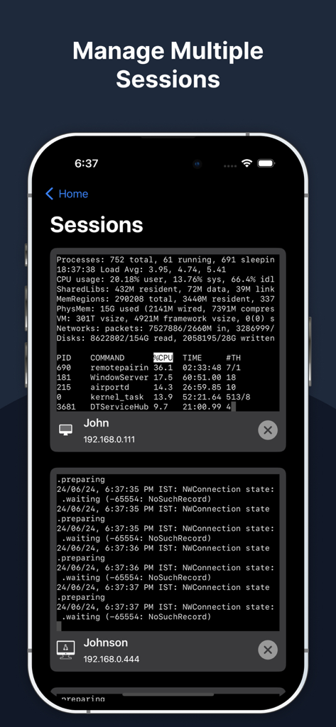 Terminux: SSH Client - Terminux app interface displaying multiple SSH terminal sessions on a mobile device