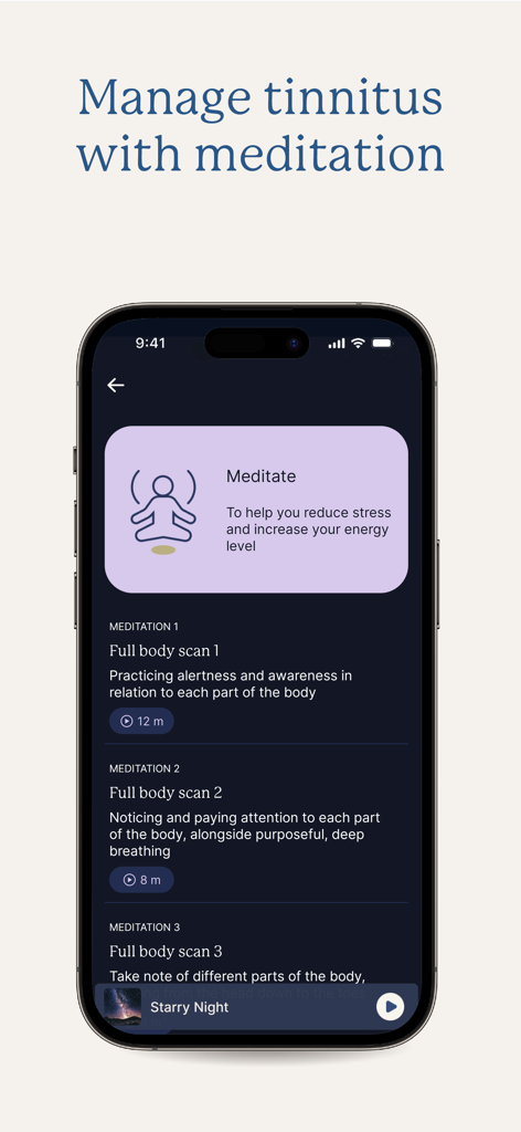 MindEar | Tinnitus Relief - A smartphone displaying the MindEar app interface for tinnitus relief through guided meditations and full body scans