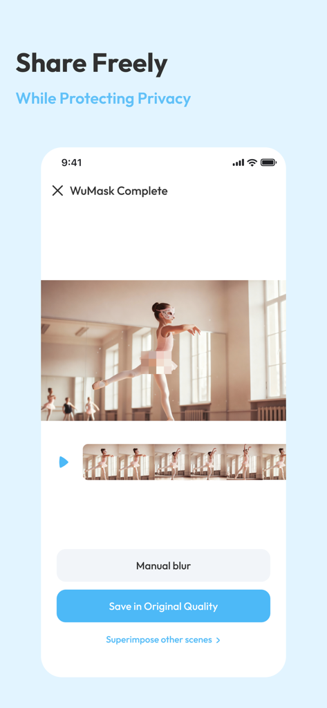 WuMask - WuMask app interface showing a video of a ballet dancer with a privacy blur applied