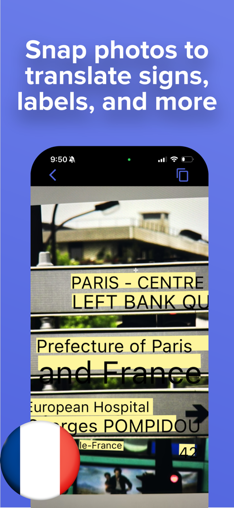Translate AI - Live Translator - Captura de tela do aplicativo Translate AI mostrando tradução por câmera de uma placa de rua em Paris.