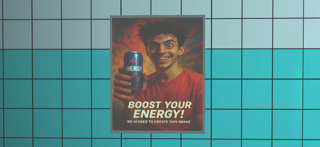 Toilet 8 - A satirical energy drink advertisement poster on a tiled bathroom wall