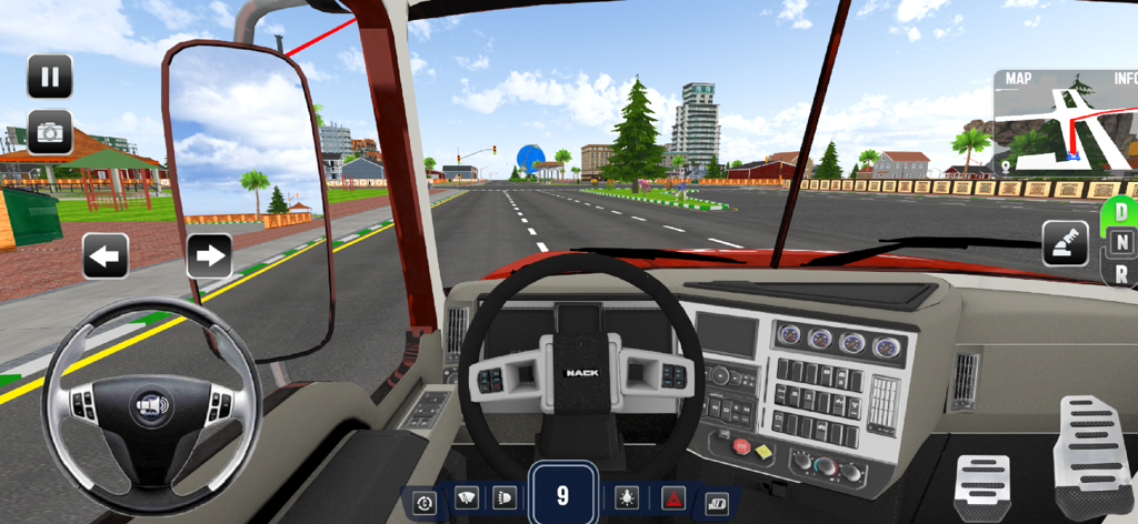 Depot Truck Simulator Games 3D - Vista en primera persona desde el interior de la cabina de un camión mostrando el salpicadero y el volante en un entorno urbano 3D.