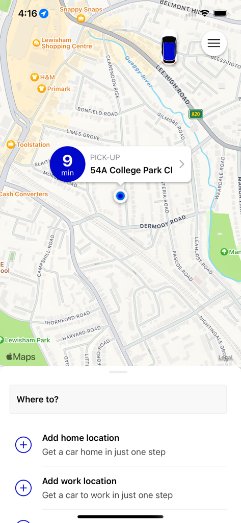 Data Cars - Interface of the Data Cars app showing a real-time booking map in South East London with a 9-minute wait time.