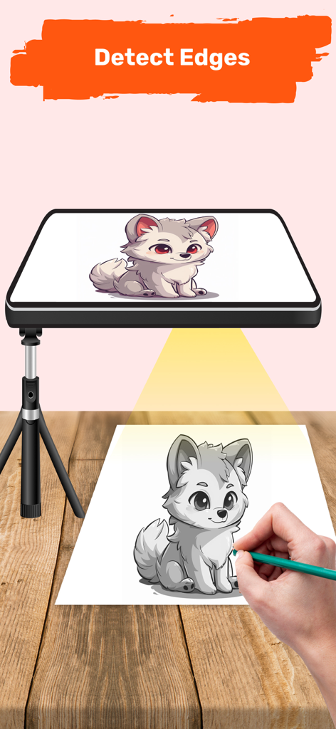 AR Draw to Sketch Photo - A person using the AR Draw to Sketch app to trace a cute cartoon wolf onto paper with edge detection