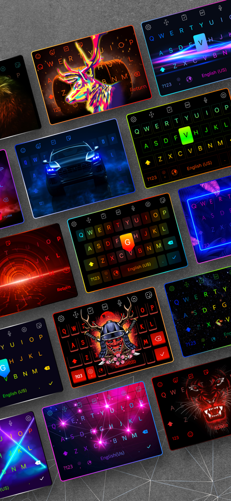LED Keyboard - RGB Color - Una colección de coloridos temas de teclado RGB con luces de neón y fondos artísticos personalizados.