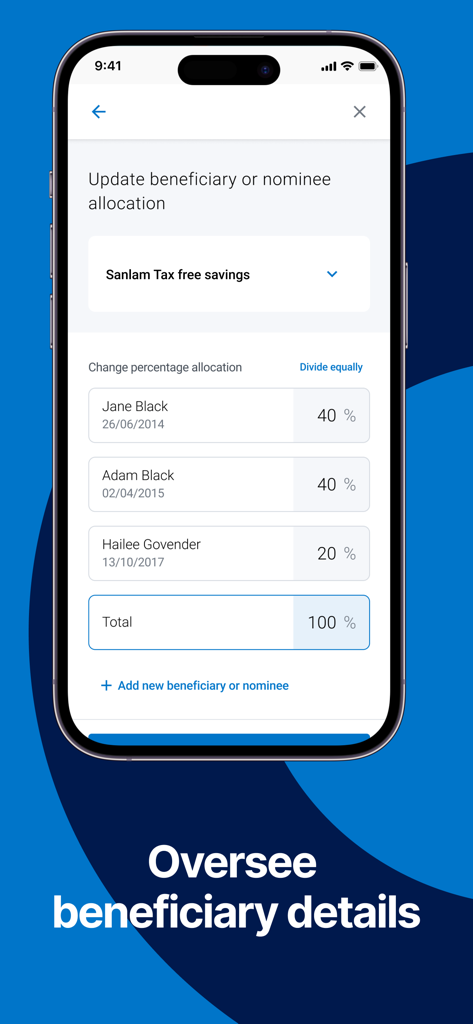 Sanlam Portfolio app screen showing how to update beneficiary and nominee percentage allocations for a financial product.