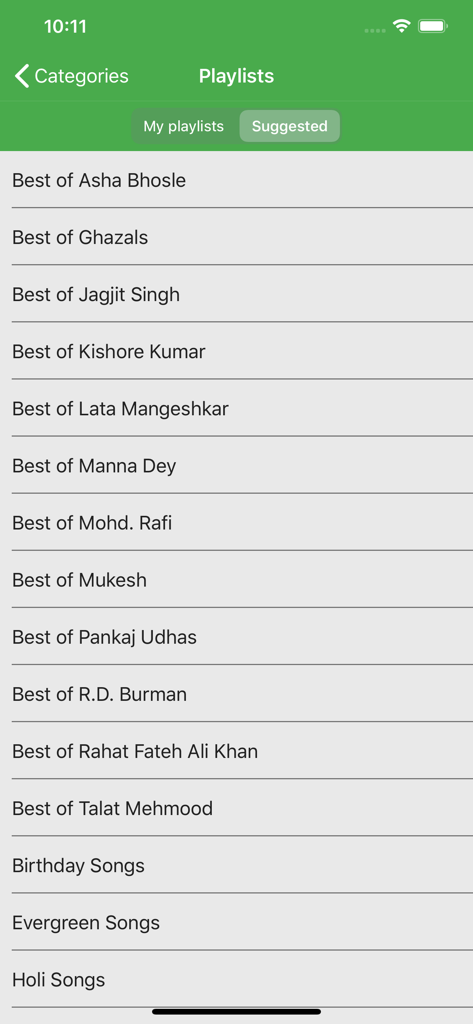 MeraGana Karaoke - A list of suggested playlists on the MeraGana Karaoke app featuring famous Indian singers and thematic song categories like Ghazals and Holi songs.