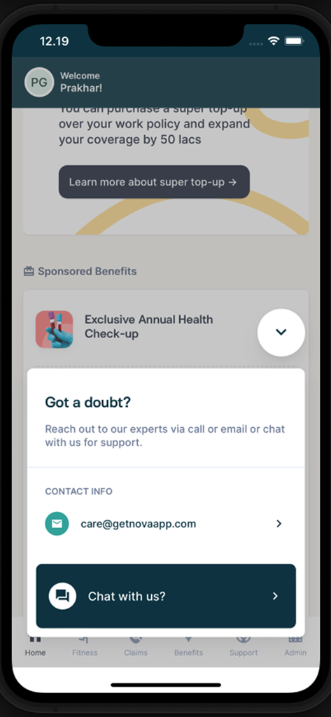 Nova Benefits mobile app support screen featuring email contact and chat with us options
