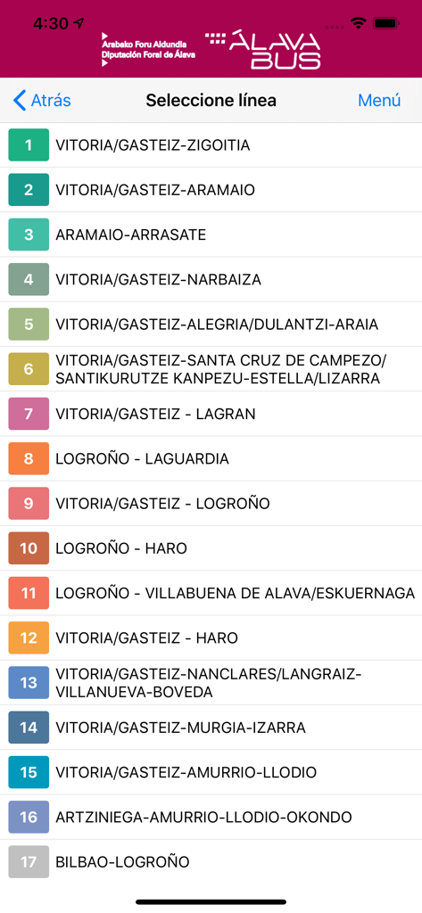 Una lista de líneas de autobús numeradas en la aplicación Alavabus para viajar dentro de Álava